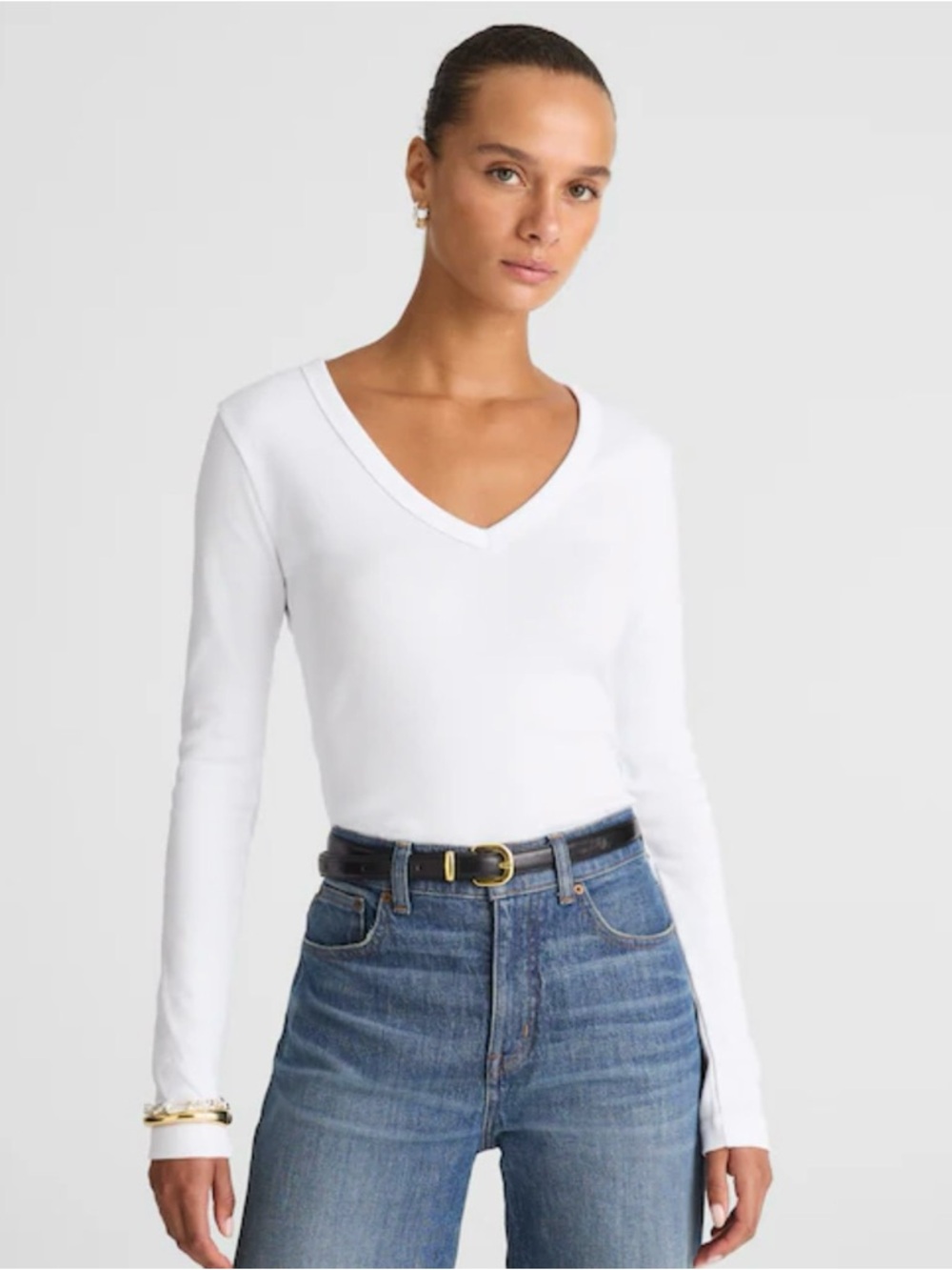 NWT Madewell The '90s V-Neck Long-Sleeve Tee in Compact Cotton White